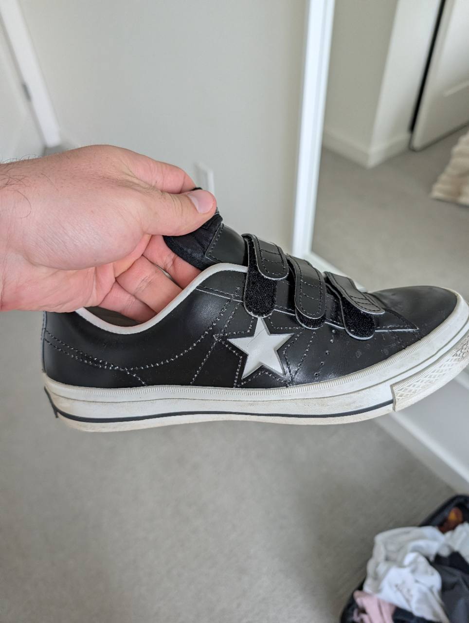Side view of black Converse One Star J V-3 velcro sneaker