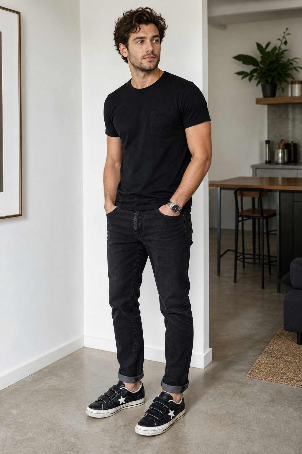 Full-body model wearing black and white Converse One Star velcro sneakers